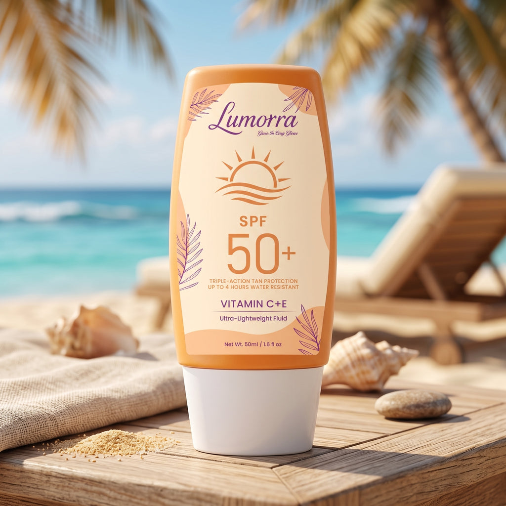 Lumorra SPF 50+ Sunscreen | Triple-Action Tan Protection | Vitamin C + E | Ultra-Lightweight Fluid | 50ml