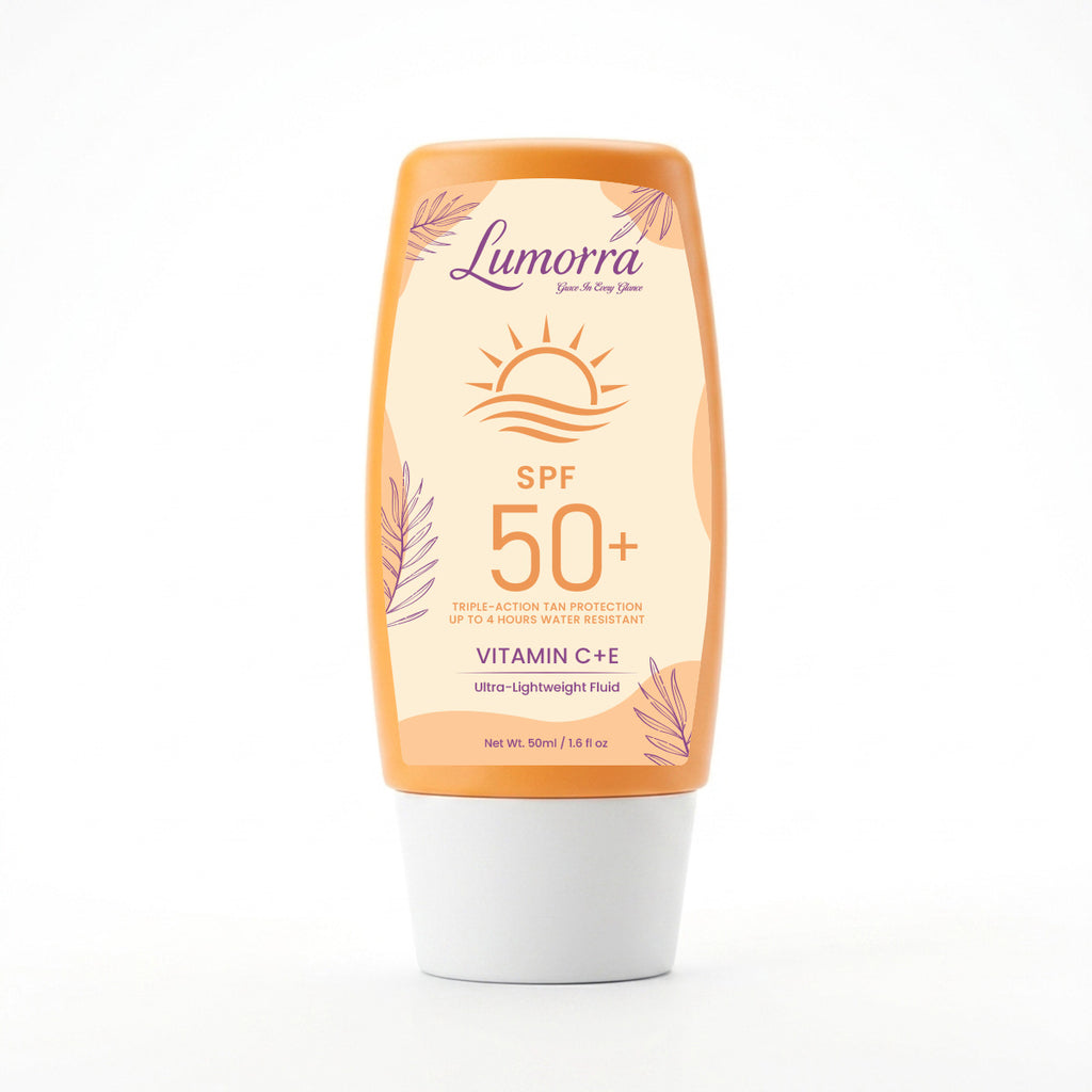 Lumorra SPF 50+ Sunscreen | Triple-Action Tan Protection | Vitamin C + E | Ultra-Lightweight Fluid | 50ml