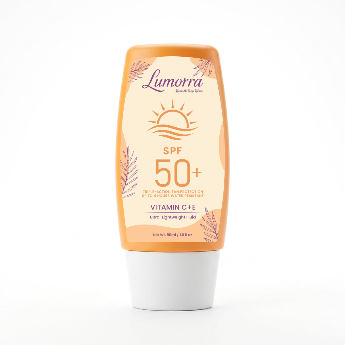 Lumorra SPF 50+ Sunscreen | Triple-Action Tan Protection | Vitamin C + E | Ultra-Lightweight Fluid | 50ml
